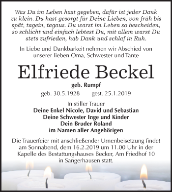 Traueranzeige von Elfriede Beckel von Mitteldeutsche Zeitung Sangerhausen