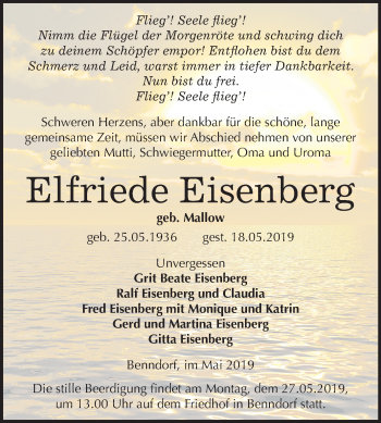 Traueranzeige von Elfriede Eisenberg von Mitteldeutsche Zeitung Mansfelder Land