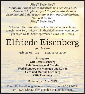 Traueranzeige von Elfriede Eisenberg von Super Sonntag SGH Mansf. Land