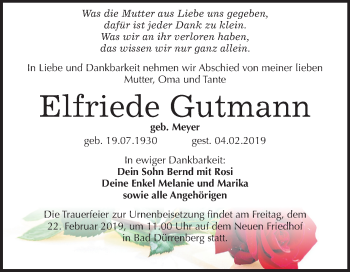 Traueranzeige von Elfriede Gutmann von Mitteldeutsche Zeitung Merseburg/Querfurt