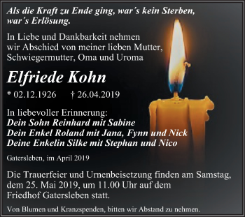 Traueranzeige von Elfriede Kohn von Mitteldeutsche Zeitung Aschersleben