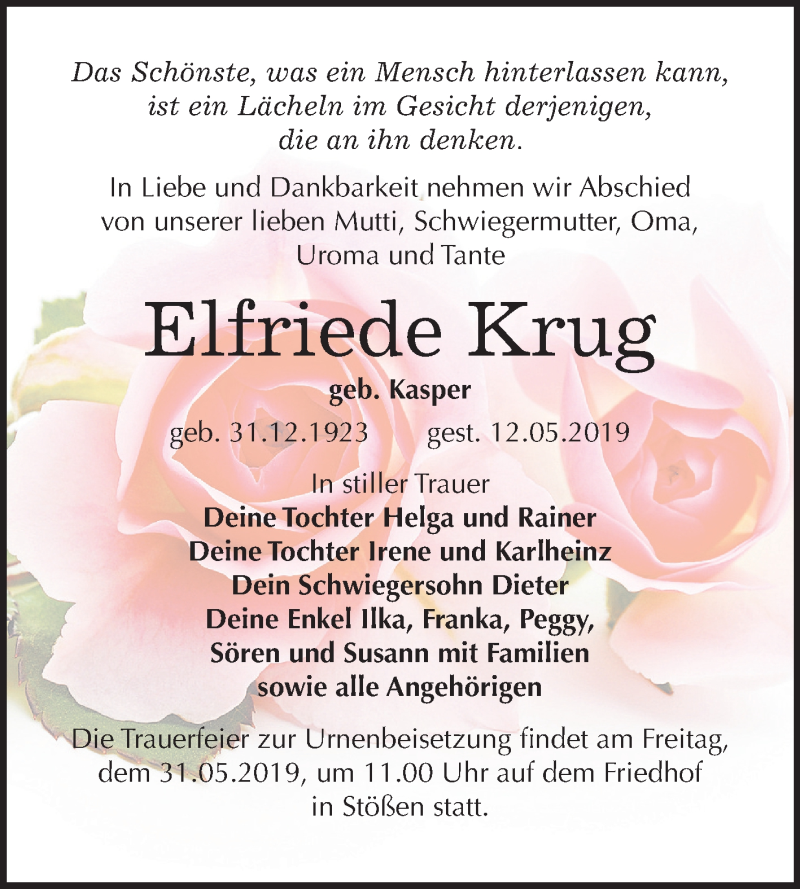  Traueranzeige für Elfriede Krug vom 18.05.2019 aus Mitteldeutsche Zeitung