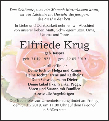 Traueranzeige von Elfriede Krug von WVG - Wochenspiegel NMB / WSF / ZTZ