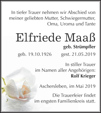 Traueranzeige von Elfriede Maaß von Super Sonntag Aschersleben
