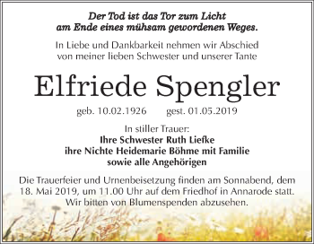 Traueranzeige von Elfriede Spengler von Wochenspiegel Mansfelder Land