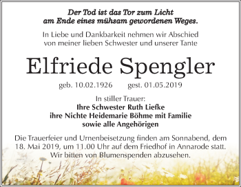 Traueranzeige von Elfriede Spengler von Mitteldeutsche Zeitung Mansfelder Land