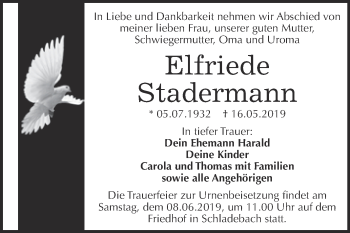 Traueranzeige von Elfriede Stadermann von Super Sonntag Merseburg