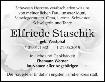 Traueranzeige von Elfriede Staschik von Mitteldeutsche Zeitung