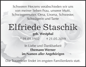 Traueranzeige von Elfriede Staschik von Super Sonntag Bernburg