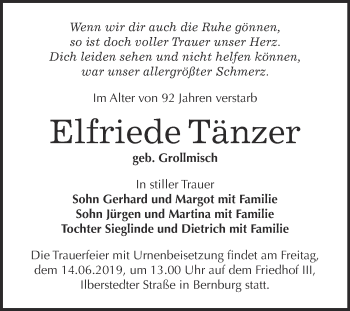 Traueranzeige von Elfriede Tänzer von Super Sonntag Bernburg