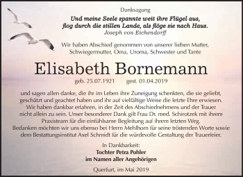Traueranzeige von Elisabeth Bornemann von WVG - Wochenspiegel Merseburg