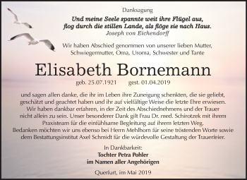 Traueranzeige von Elisabeth Bornemann von Mitteldeutsche Zeitung Merseburg/Querfurt