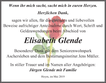 Traueranzeige von Elisabeth Glende von Mitteldeutsche Zeitung Aschersleben