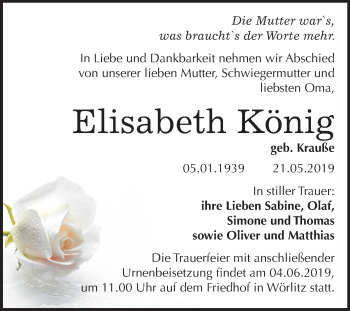 Traueranzeige von Elisabeth König von Mitteldeutsche Zeitung