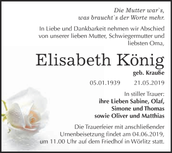Traueranzeige von Elisabeth König von WVG - Wochenspiegel Dessau / Köthen