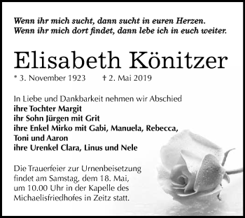 Traueranzeige von Elisabeth Könitzer von WVG - Wochenspiegel NMB / WSF / ZTZ