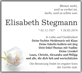 Traueranzeige von Elisabeth Stegmann von WVG - Wochenspiegel Wittenberg