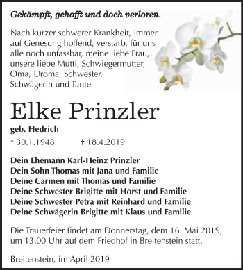 Traueranzeige von Elke Prinzler von Super Sonntag SGH Mansf. Land