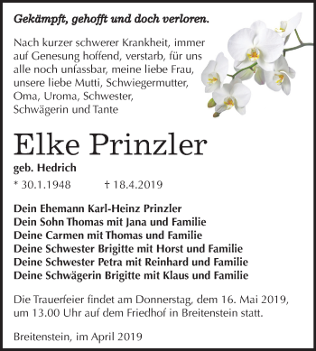Traueranzeige von Elke Prinzler von Mitteldeutsche Zeitung