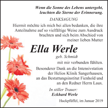 Traueranzeige von Ella Werle von Mitteldeutsche Zeitung Sangerhausen