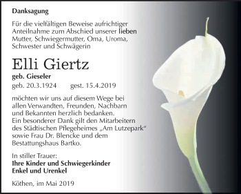 Traueranzeige von Elli Giertz von WVG - Wochenspiegel Dessau / Köthen