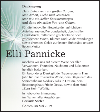 Traueranzeige von Elli Pannicke von Mitteldeutsche Zeitung