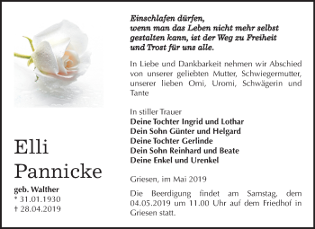 Traueranzeige von Elli Pannicke von Mitteldeutsche Zeitung Wittenberg