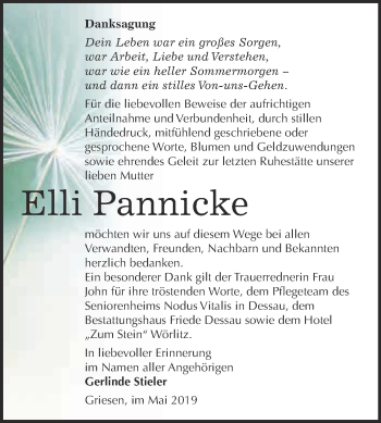 Traueranzeige von Elli Pannicke von Super Sonntag Wittenberg