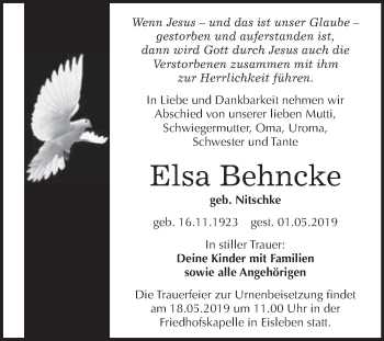 Traueranzeige von Elsa Behncke von Wochenspiegel Mansfelder Land