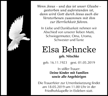 Traueranzeige von Elsa Behncke von Mitteldeutsche Zeitung Mansfelder Land