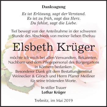 Traueranzeige von Elsbeth Krüger von Mitteldeutsche Zeitung Bernburg