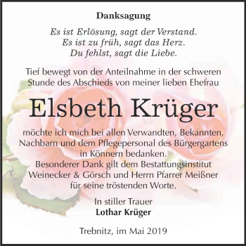 Traueranzeige von Elsbeth Krüger von Super Sonntag Bernburg