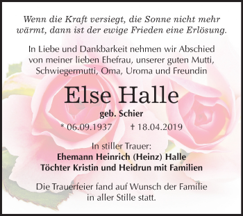 Traueranzeige von Else Halle von Mitteldeutsche Zeitung Halle/Saalkreis