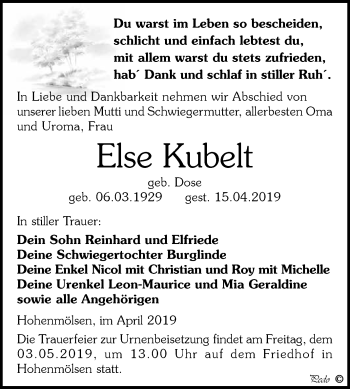 Traueranzeige von Else Kubelt von WVG - Wochenspiegel NMB / WSF / ZTZ