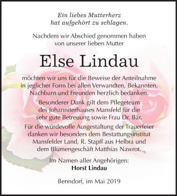 Traueranzeige von Else Lindau von Mitteldeutsche Zeitung Mansfelder Land