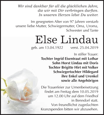 Traueranzeige von Else Lindau von Wochenspiegel Mansfelder Land