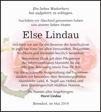 Traueranzeige von Else Lindau von Wochenspiegel Mansfelder Land