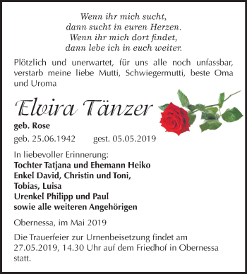 Traueranzeige von Elvira Tänzer von Mitteldeutsche Zeitung