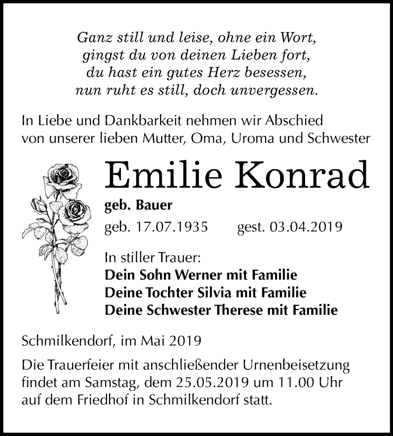  Traueranzeige für Emilie Konrad vom 11.05.2019 aus Mitteldeutsche Zeitung