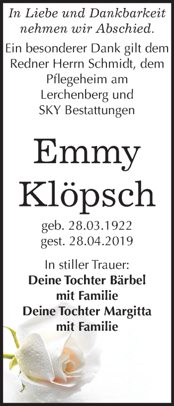 Traueranzeige von Emmy Klöpsch von Mitteldeutsche Zeitung