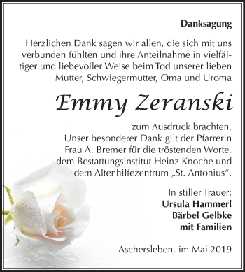 Traueranzeige von Emmy Zeranski von Mitteldeutsche Zeitung Aschersleben