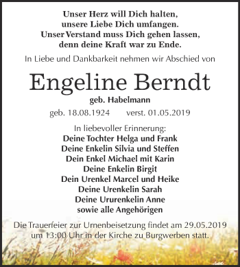 Traueranzeige von Engeline Berndt von WVG - Wochenspiegel NMB / WSF / ZTZ