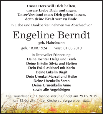 Traueranzeige von Engeline Berndt von Mitteldeutsche Zeitung