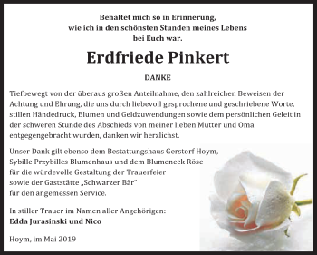 Traueranzeige von Erdfriede Pinkert von Super Sonntag Aschersleben