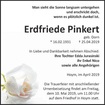 Traueranzeige von Erdfriede Pinkert von Super Sonntag Aschersleben