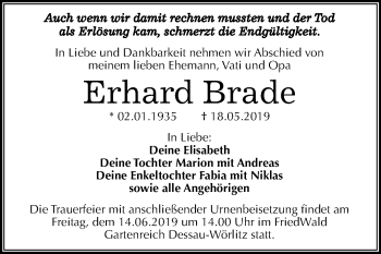 Traueranzeige von Erhard Brade von WVG - Wochenspiegel Dessau / Köthen