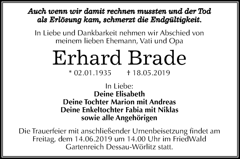  Traueranzeige für Erhard Brade vom 25.05.2019 aus Mitteldeutsche Zeitung