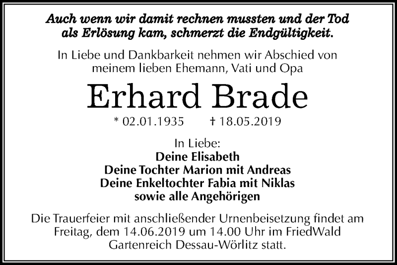  Traueranzeige für Erhard Brade vom 25.05.2019 aus WVG - Wochenspiegel Dessau / Köthen