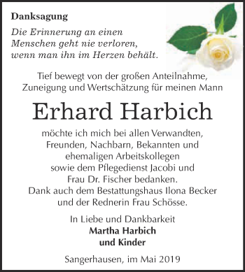 Traueranzeige von Erhard Harbich von Super Sonntag SGH Mansf. Land