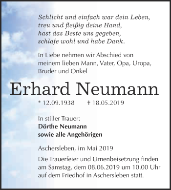 Traueranzeige von Erhard Neumann von Super Sonntag Aschersleben